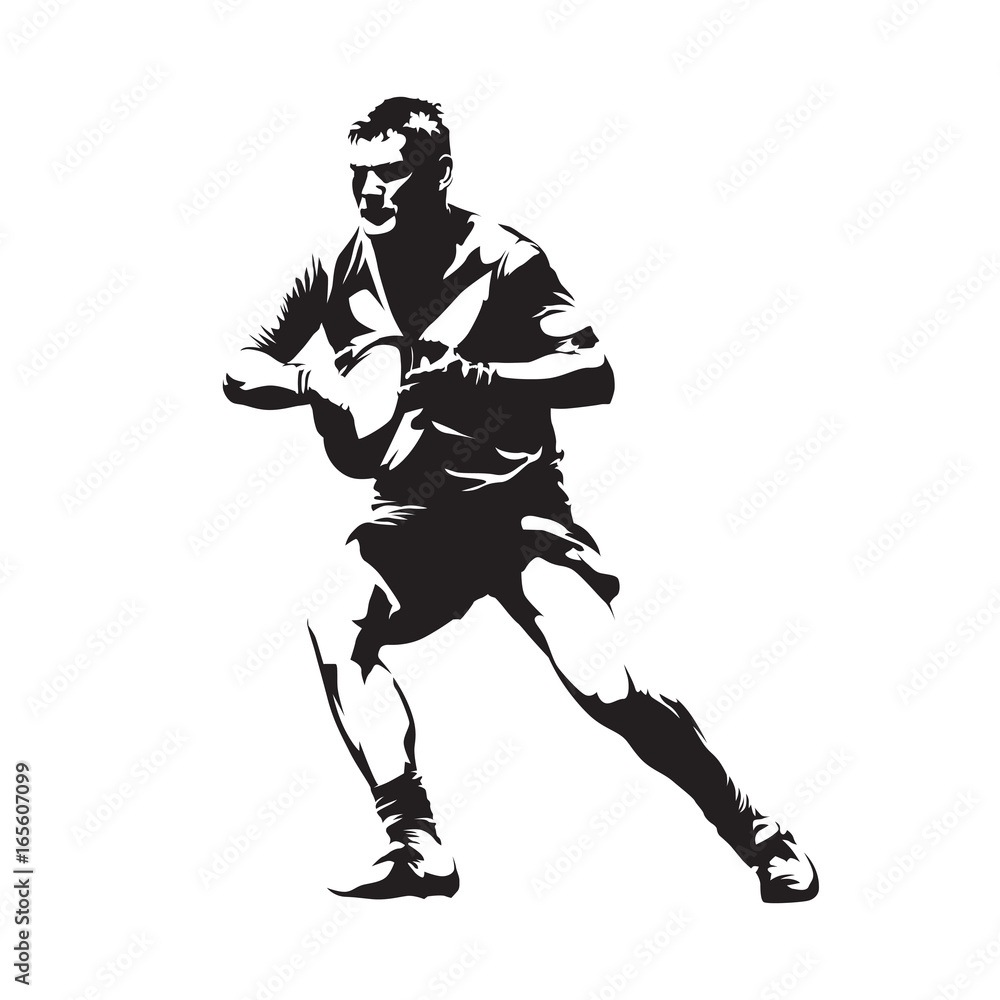 Rugby player with ball, abstract vector silhouette, front view