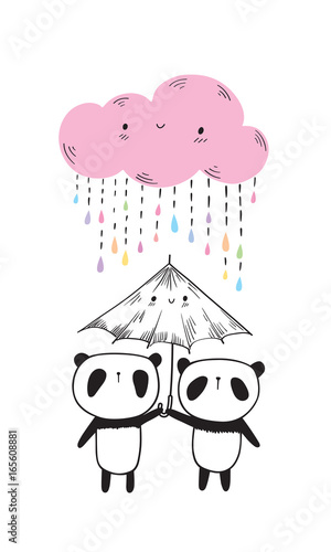 Fototapeta Naklejka Na Ścianę i Meble -  Greeting card with cute pandas, umbrella and pink funny cloud. Hand drawn illustration for your design. Doodles, sketch. Vector illustration.