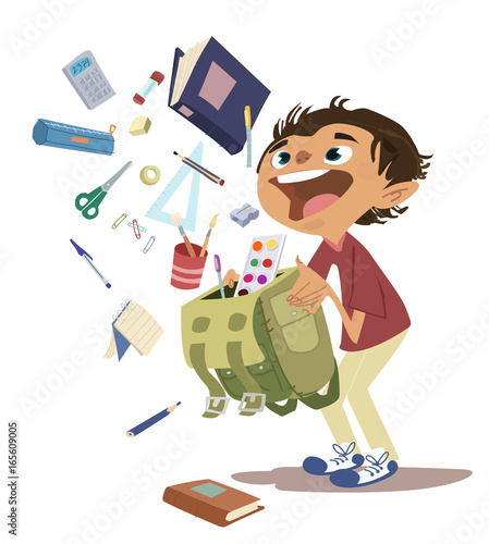 Niño en el colegio con material escolar