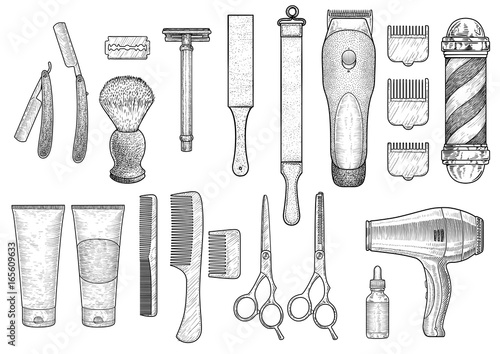Barber shop illustration, drawing, engraving, ink, line art, vector