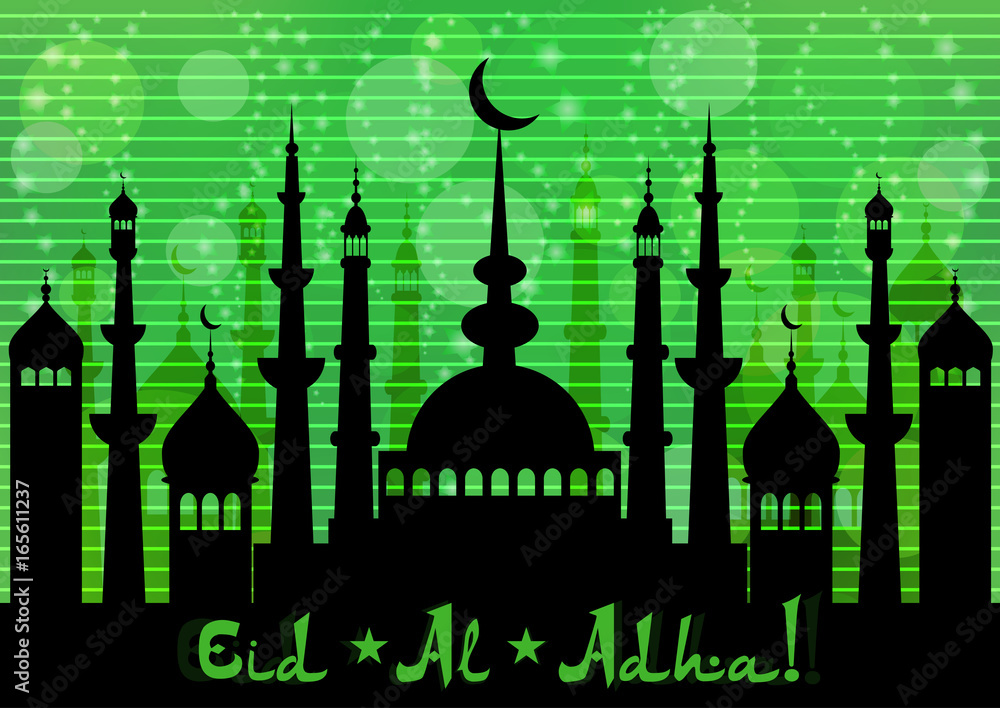 Card with mosques city for wishes with beginning of fasting month of Ramadan, as well with Islamic holiday Eid al-Fitr and Eid al-Adha on green twilight background. Vector illustration Card with mosques city for wishes with beginning of fasting month of Ramadan, as well with Islamic holiday Eid al-Fitr and Eid al-Adha on green twilight background. Vector illustration