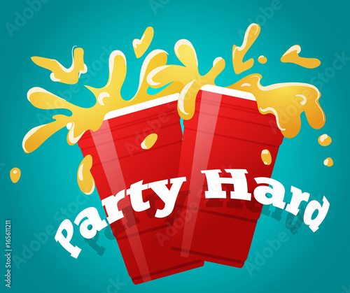 two red party cups with a splashing beer, cheers