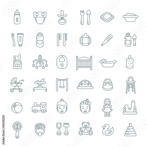 Baby care linear icons. Simple outline vector illustrations. Thin line pictograms of newborn baby hygiene, food, healthcare, growth and playing. Accessories and toys for happy kid and mother