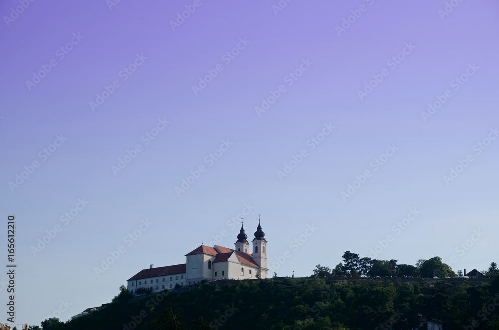 church and monastery on hill at Tihany, Balaton lake - home of lavender, purple sky, summer time