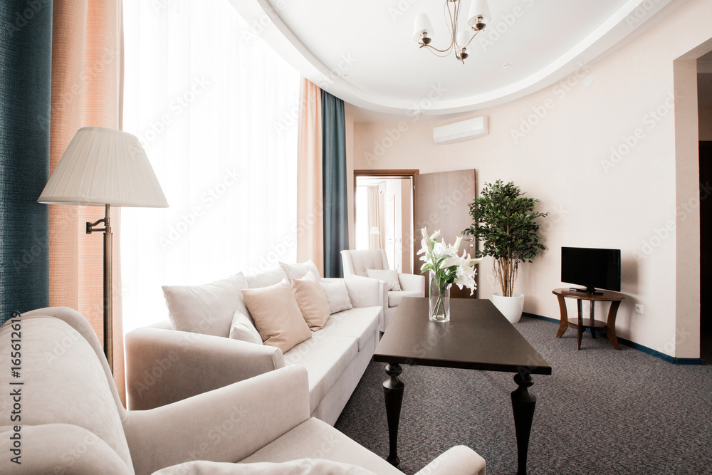 Hotel apartment, living room interior in the morning Hotel apartment, living room interior in the morning