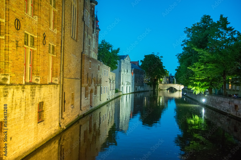 Night view of canal in Bruges, Belgium