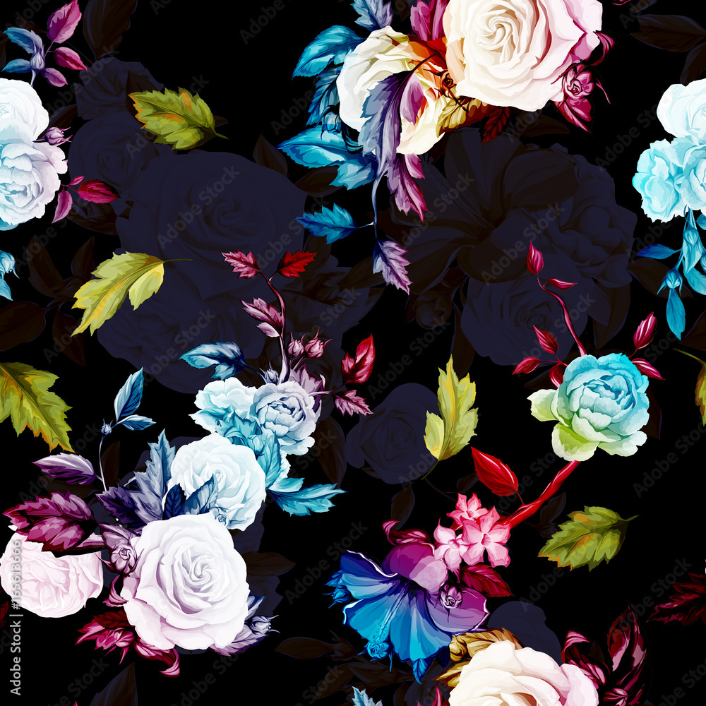 Plakat Bezszwowy tło wzór barwiona peonia, róże z liśćmi na czerni. Wektor - akcje