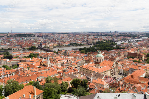 A view of the architectural landscape of the city of Prague and of the Vltava river in Prague