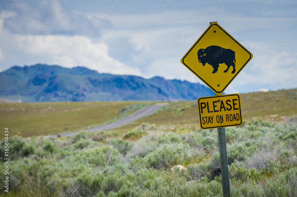 Bison sign antelope island salt lake utah scenic landscape horizon vegitation weather Bison sign antelope island salt lake utah scenic landscape horizon vegitation weather