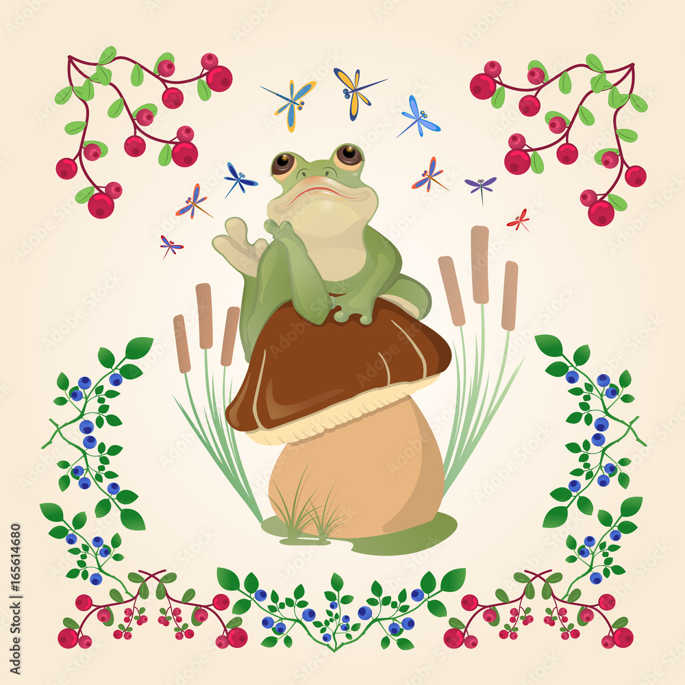 Obraz premium Postcard with a frog and a frame of berries