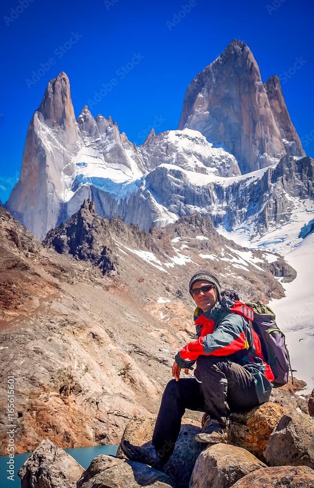 Trekker at the base of Mount Fitz Roy Trekker at the base of Mount Fitz Roy