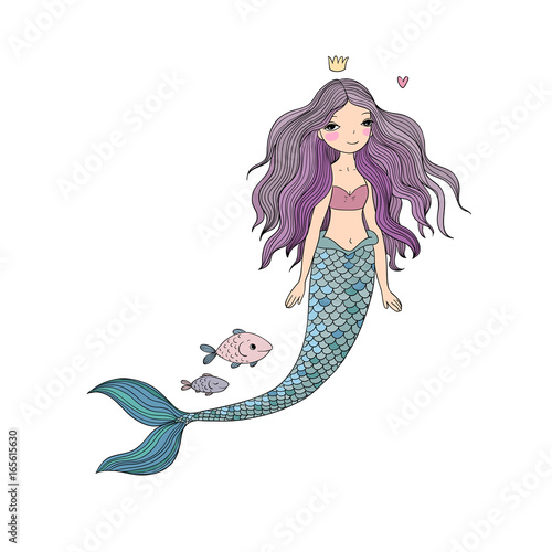 Cute cartoon mermaid and fish. Siren. Sea theme. isolated objects on white background.