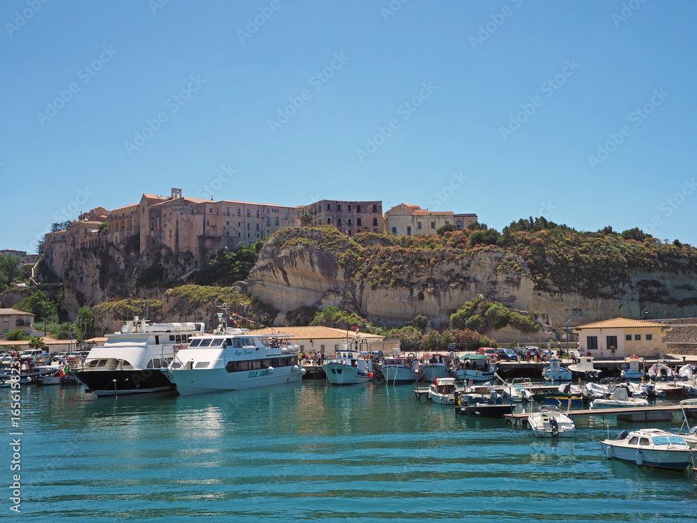 view on old city Tropea form marina port with ship yachts
