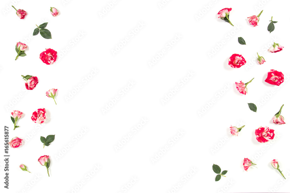 Flowers composition. Frame made of rose flowers. Flat lay, top view Flowers composition. Frame made of rose flowers. Flat lay, top view