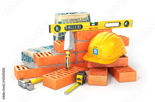 Construction concept. Part of brick wall in construction process with construction tools isolated on a white. 3d illustration