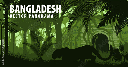 vector panorama of Bangladesh with tiger near jungle temple