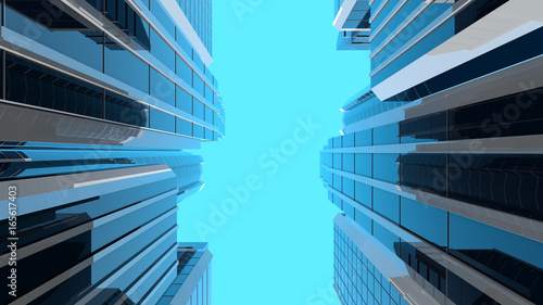 3D illustration of modern corporate skyscrapers with reflective blue windows. Vertical composition. The camera looks upwards to the sky from a low angle.