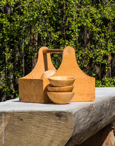 Wooden bowls on a rustic table