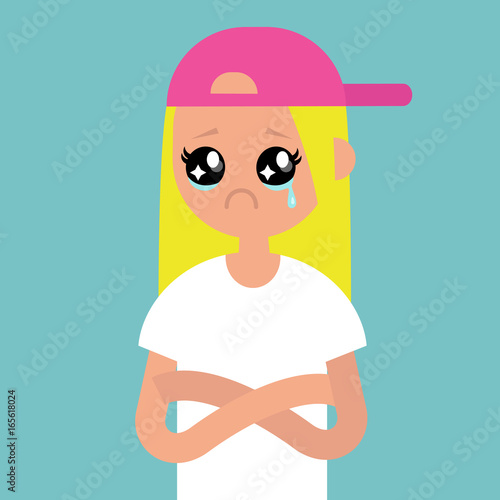 Sad offended character with big anime tear-stained eyes / flat editable vector illustration, clip art