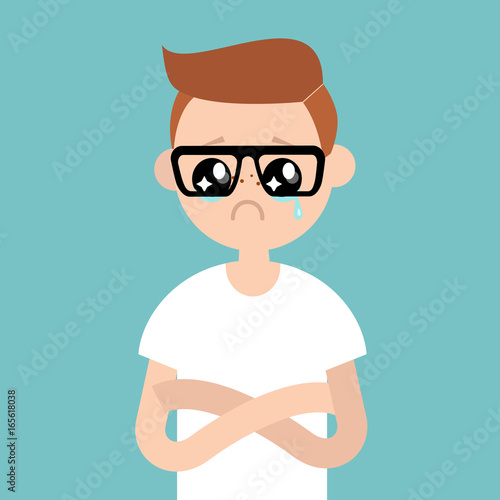 Sad offended character with big anime tear-stained eyes / flat editable vector illustration, clip art