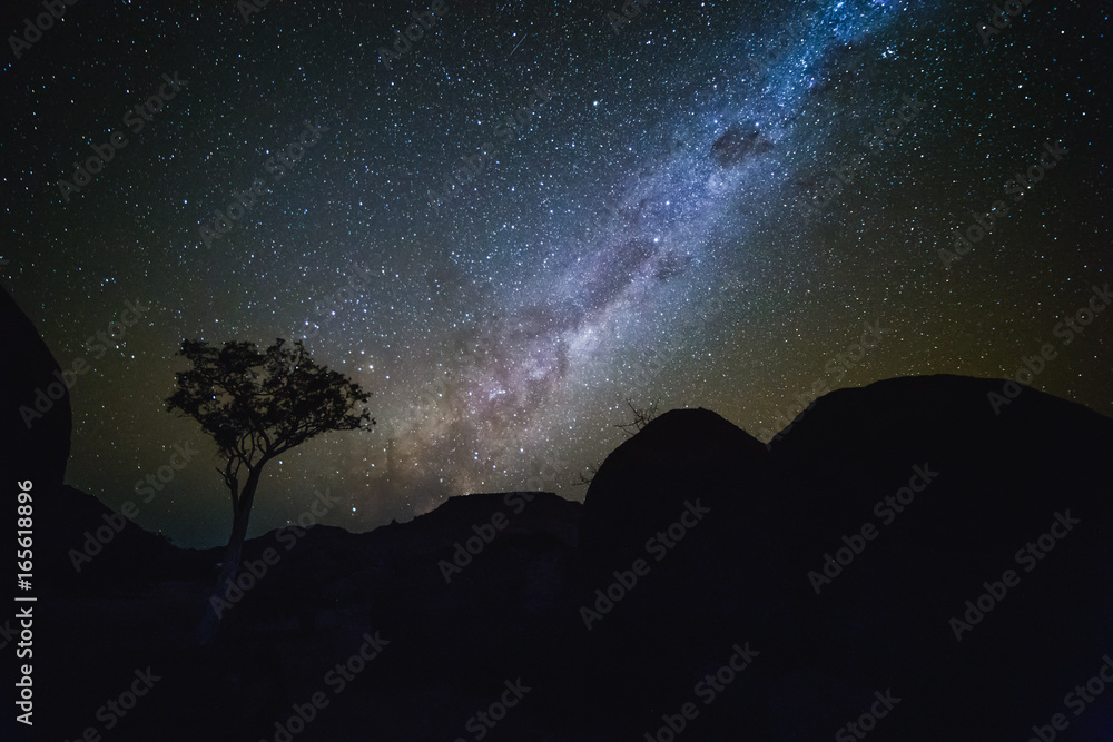 The summer Milky Way rises over mountains and tree in Namibia