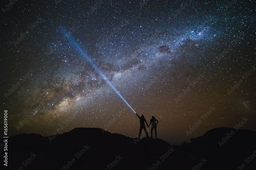 Landscape with Milky Way. Night sky with stars and silhouette of a ...