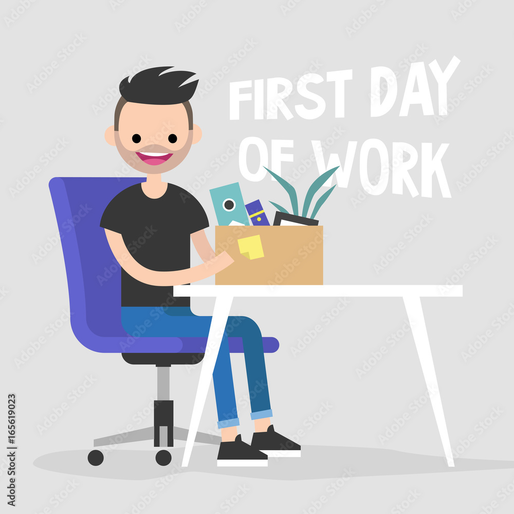 First day of work. Young character holding a box with a stationery / flat editable vector illustration, clip art First day of work. Young character holding a box with a stationery / flat editable vector illustration, clip art