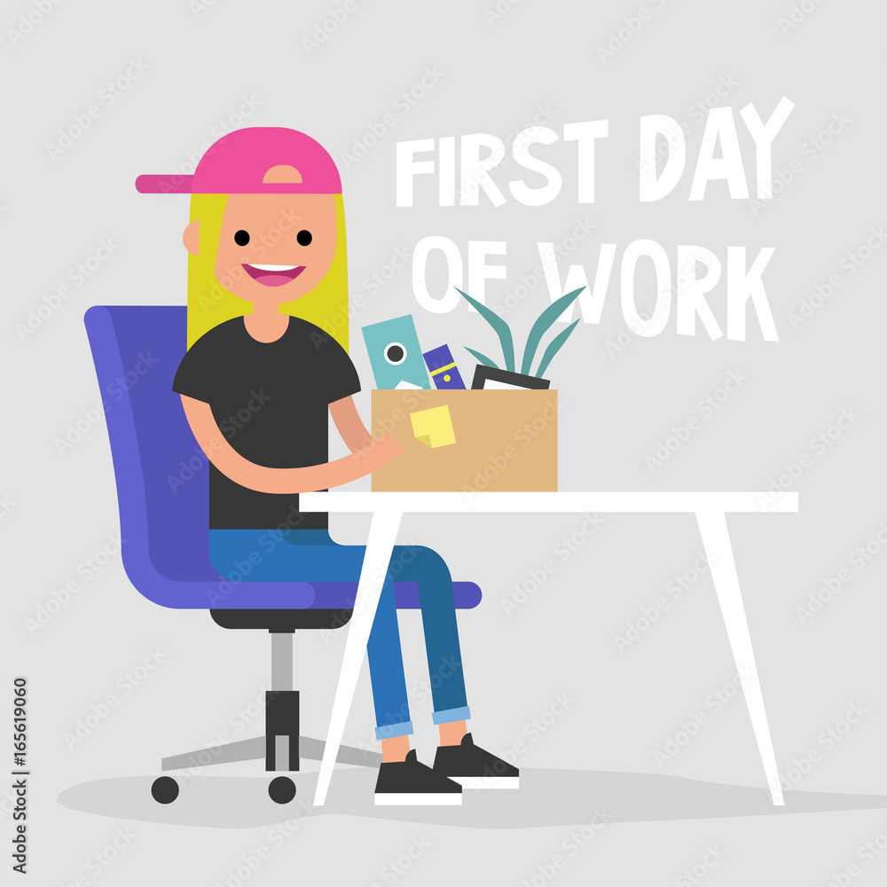 First day of work. Young character holding a box with a stationery / flat editable vector illustration, clip art First day of work. Young character holding a box with a stationery / flat editable vector illustration, clip art