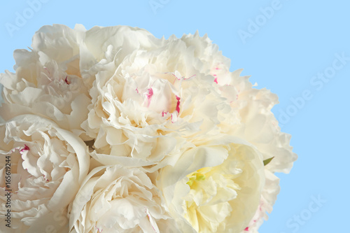 Bouquet of beautiful peony flowers on light color background, closeup © Africa Studio