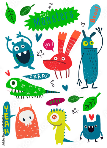 Cute Cartoon Monsters,Vector cute monsters set collection isolated