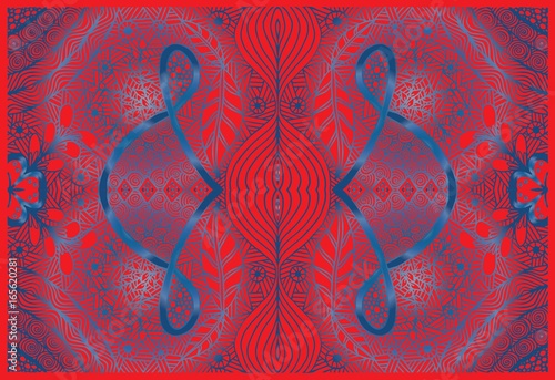 Bandana print with abstract flower and leaf ornament, floral pattern, design for pillow, carpet, rug. Design for silk neck scarf