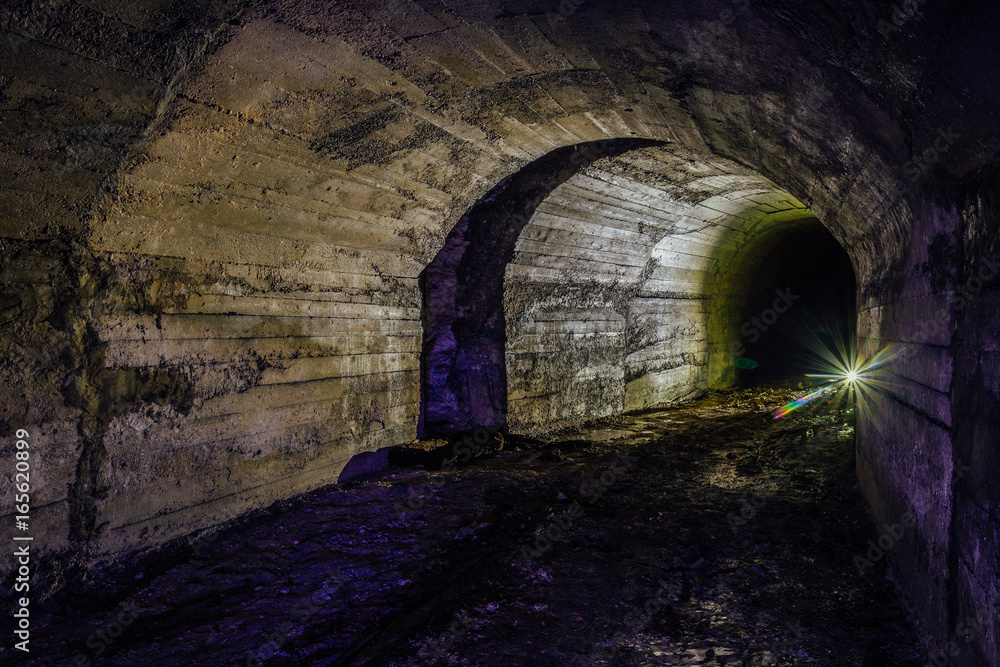 Fototapeta premium Abandoned bunker tunnel with concrete walls 
