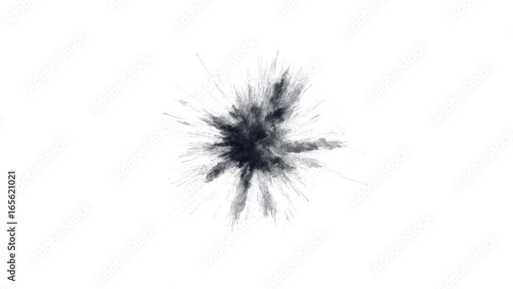 Cg animation of black powder explosion on white background. Slow motion movement with acceleration in the beginning. Has alpha matte. Wide angle version. Cg animation of black powder explosion on white background. Slow motion movement with acceleration in the beginning. Has alpha matte. Wide angle version.