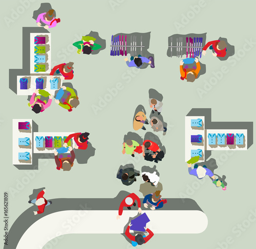 Top view people queue for the cashier at the clothing store
