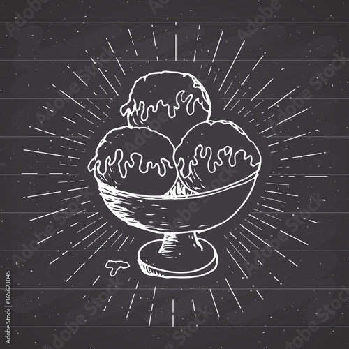 Ice cream sketch, Vintage label, Hand drawn grunge textured badge, retro logo template, typography design vector illustration