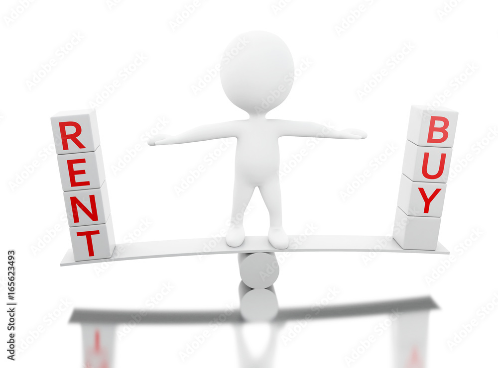3d White people on a balance with the words BUY or RENT 3d White people on a balance with the words BUY or RENT