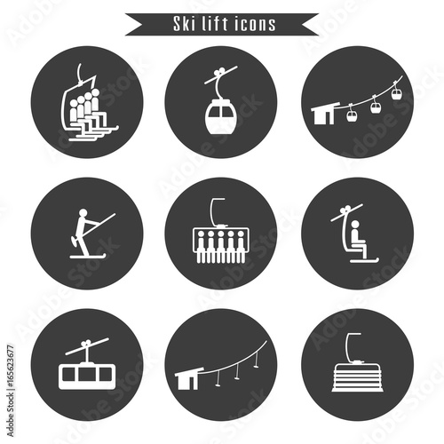 Set of ski cable lift icons for ski and winter sports.