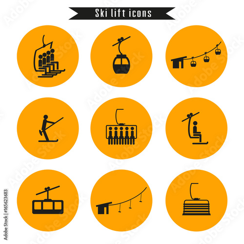 Set of ski cable lift icons for ski and winter sports.