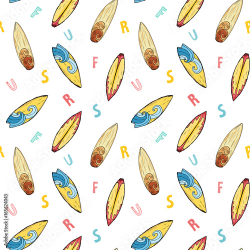 Surf boards seamless pattern hand drawn sketch background, typography design vector illustration