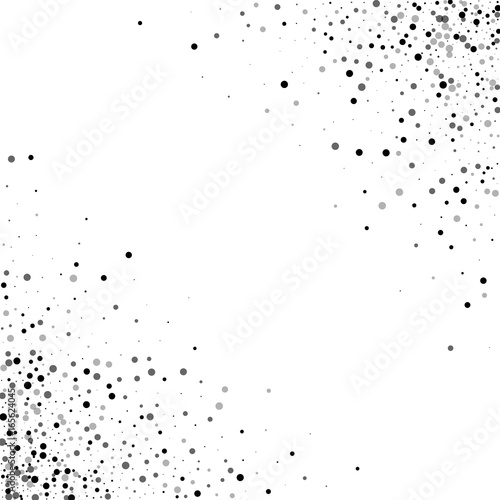 Dense black dots. Scatter cornered border with dense black dots on white background. Vector illustration.