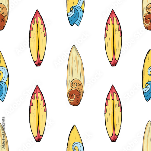 Surf boards seamless pattern hand drawn sketch background, typography design vector illustration