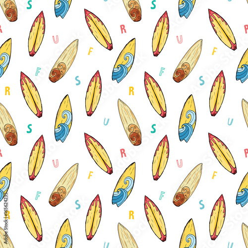 Surf boards seamless pattern hand drawn sketch background, typography design vector illustration