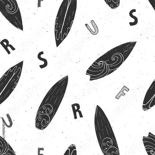 Surf boards seamless pattern hand drawn sketch background, typography design, monochrome vector illustration