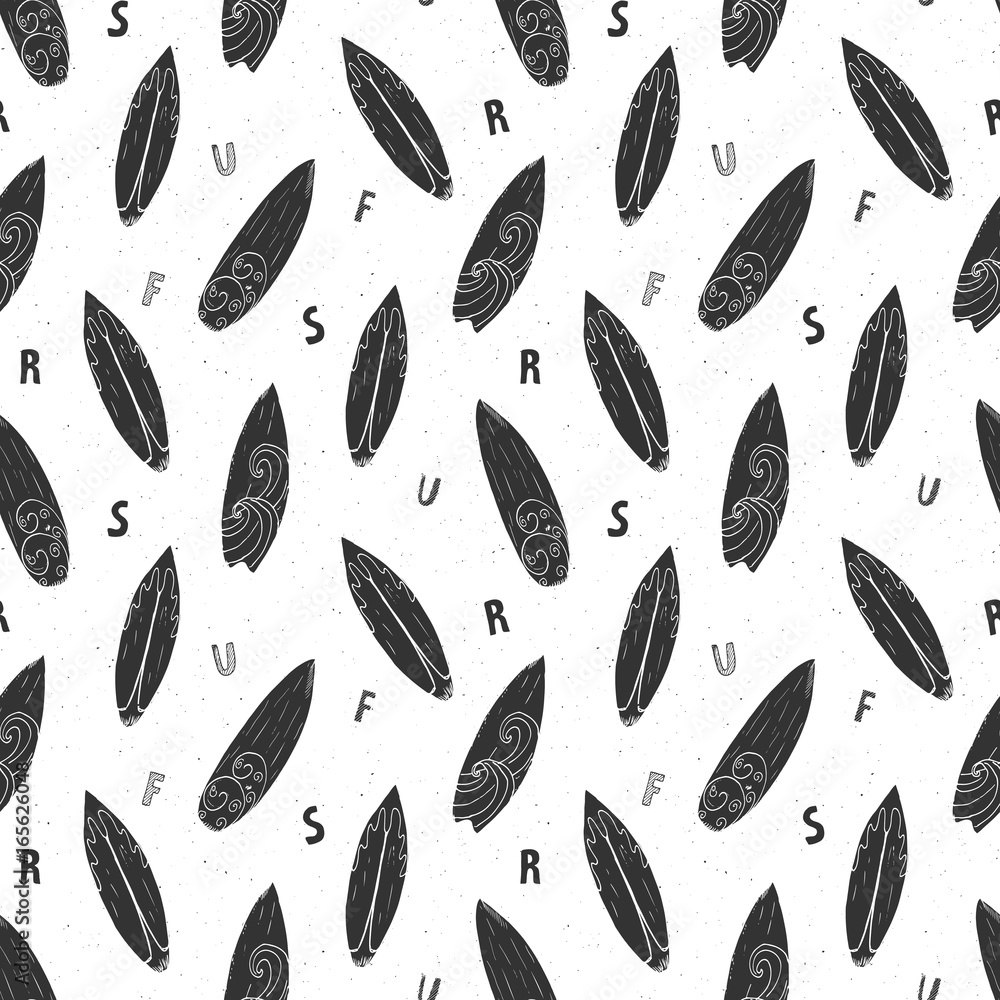 Surf boards seamless pattern hand drawn sketch background, typography design, monochrome vector illustration Surf boards seamless pattern hand drawn sketch background, typography design, monochrome vector illustration