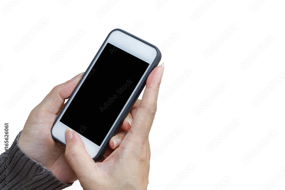 Woman hand holding and using mobile,cell phone,smart phone with isolated screen on white background. Woman hand holding and using mobile,cell phone,smart phone with isolated screen on white background.
