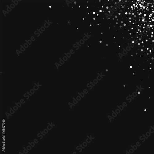 Random falling white dots. Top right corner gradient with random falling white dots on black background. Vector illustration.