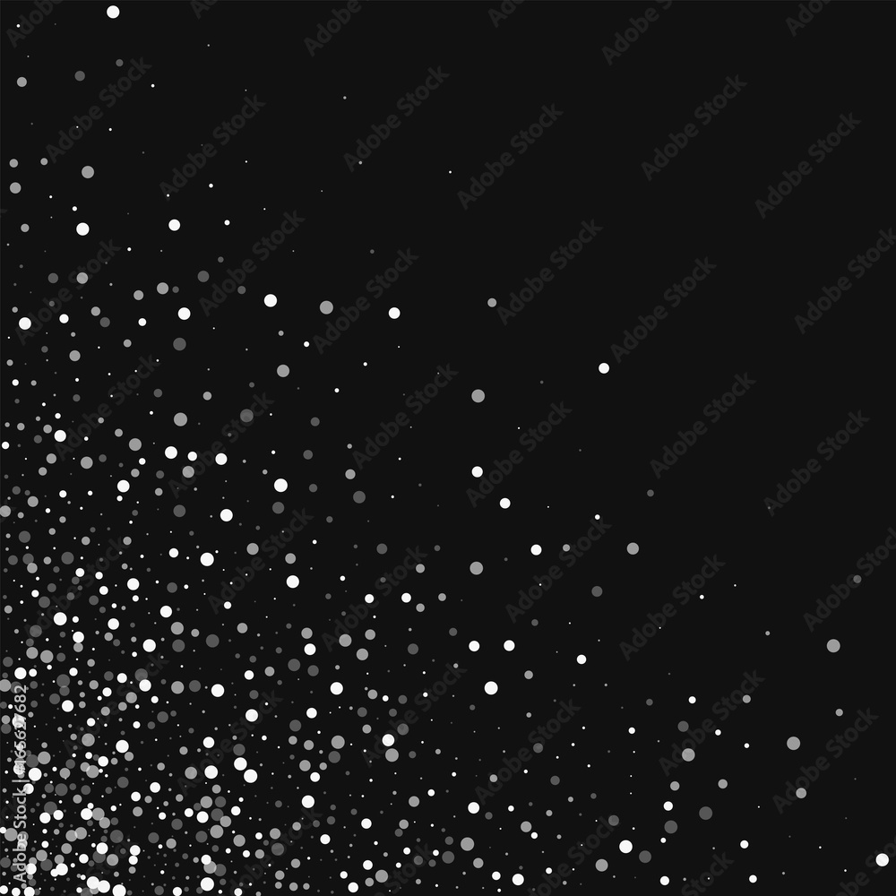 Random falling white dots. Scattered bottom left corner with random falling white dots on black background. Vector illustration.