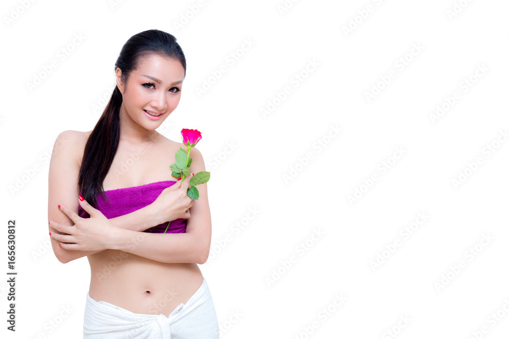 beautiful woman wear towel hold rose flower, isolated on white background, smile, beauty, healthcare beautiful woman wear towel hold rose flower, isolated on white background, smile, beauty, healthcare