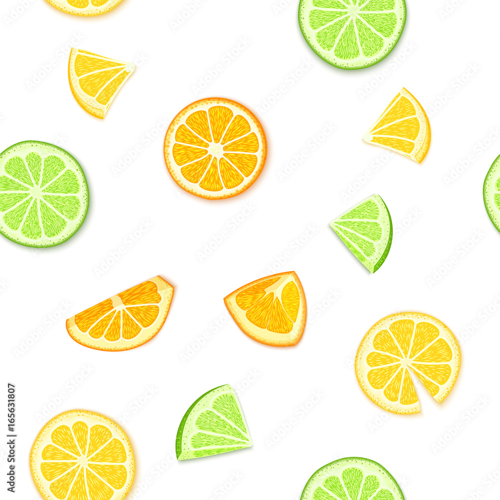 Ripe juicy tropical fruits background. Vector illustration. Fresh citrus lime orange lemon fruit peeled, piece of half, slice. Seamless pattern for packaging design healthy food diet juce, detox, tea