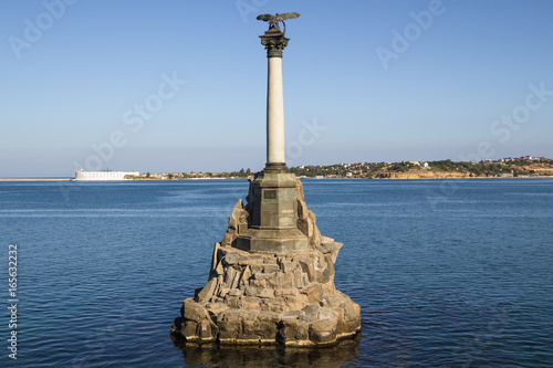 Monument to the Scuttled Ships in Sevastopol. The inscription reads In memory of the ships sunk in 1854-1855 to block the entrance to the raid